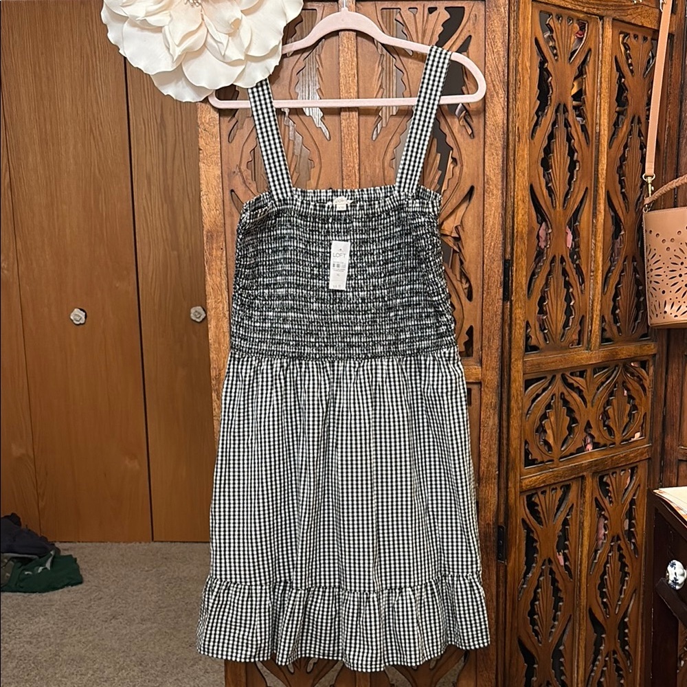 LOFT Black & White Gingham Sundress with Smocked Bodice